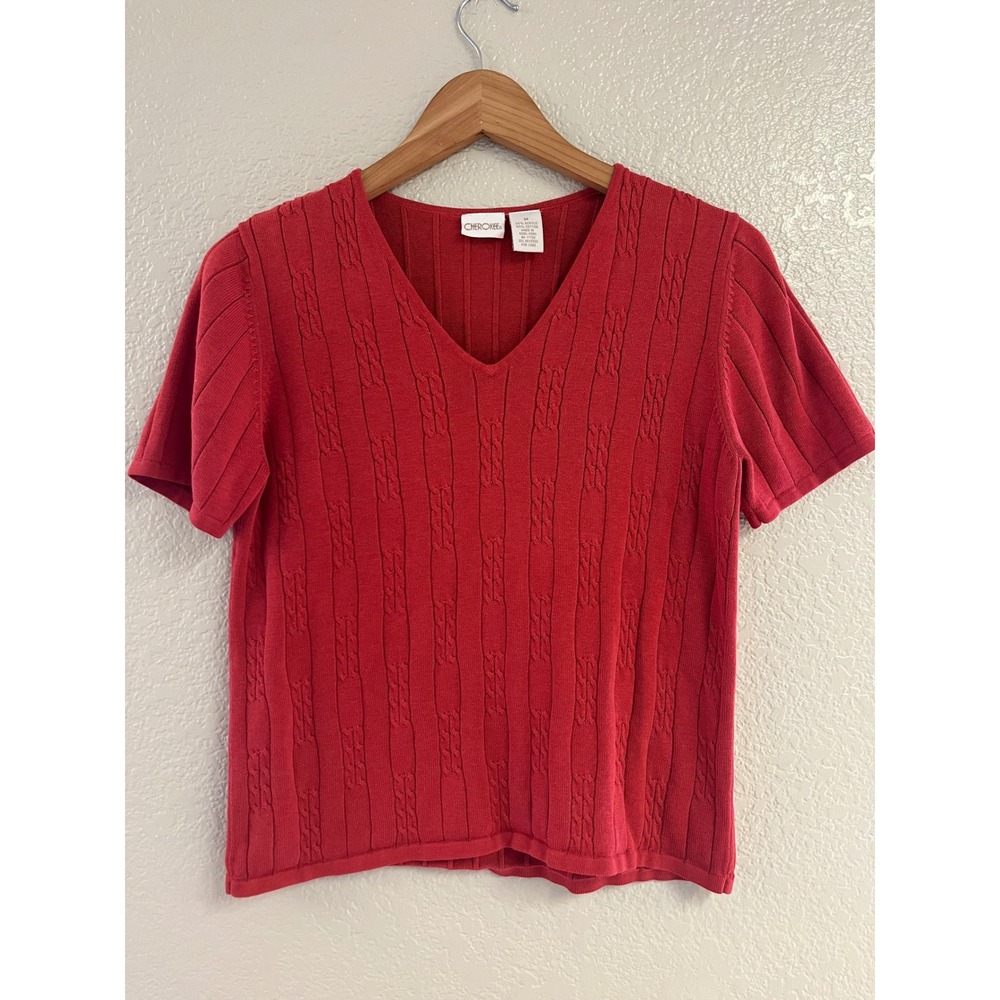 VTG Y2K Cherokee Womens Red Short Sleeve Cable Knit V-Neck Sweater Top Size M